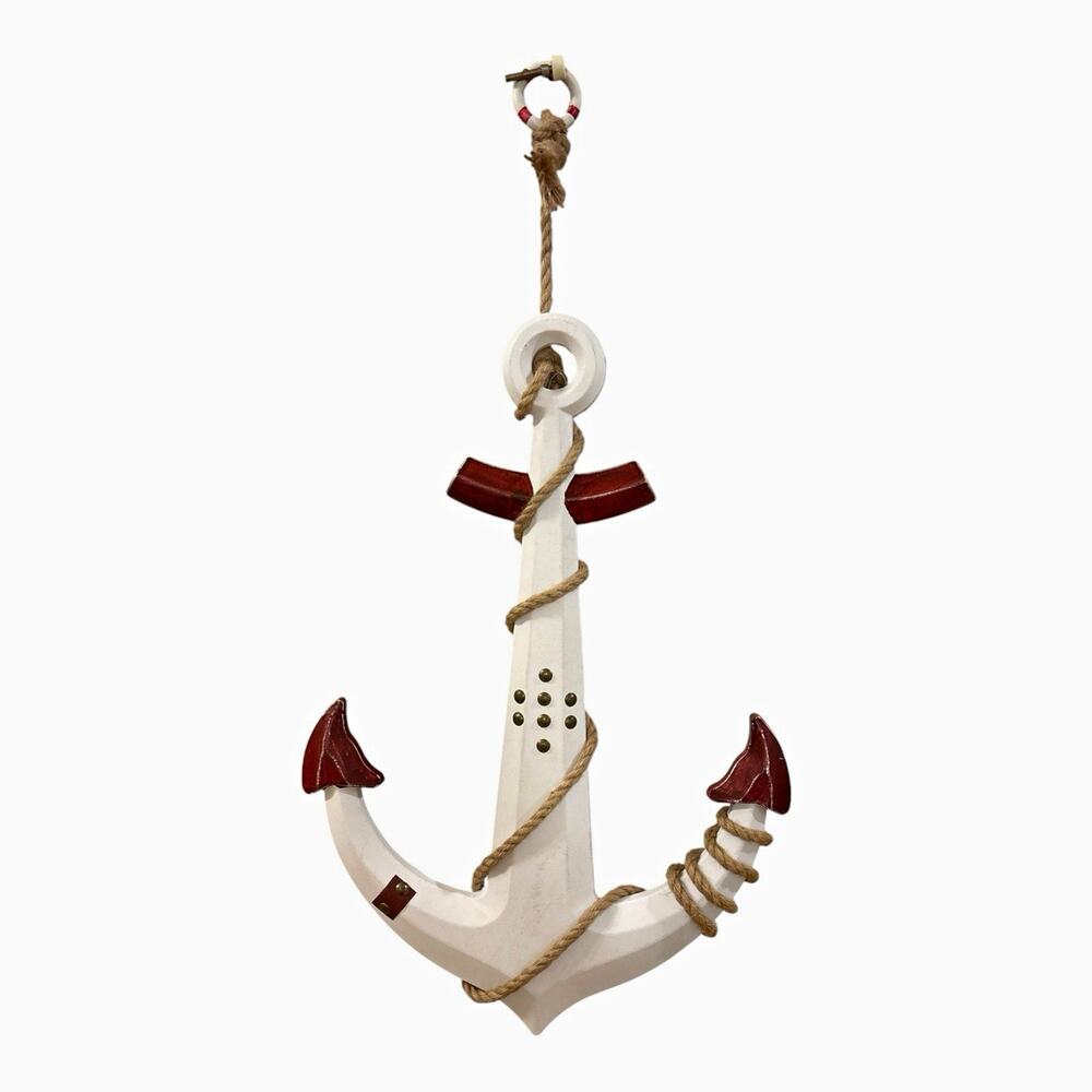 Nautical Beach Decorative Anchor Wall Hanging, Wood Rope, White Brown Red